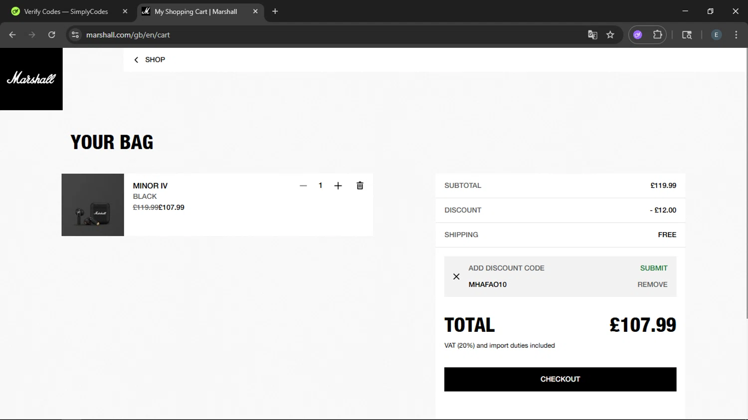 Marshall coupon code screenshot showing code MHAFAO10 applied at Marshall checkout page. Uploaded by SimplyCodes community member LegendaryFox9861 on Jul 18, 2025