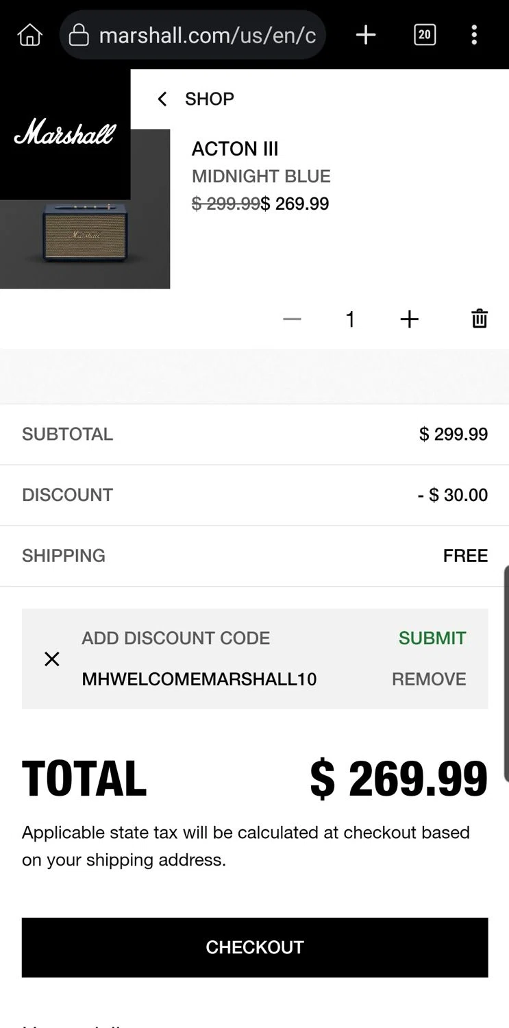 Marshall coupon code screenshot showing code MHWELCOMEMARSHALL10 applied at Marshall checkout page. Uploaded by SimplyCodes community member Carloslvz on Jul 28, 2025