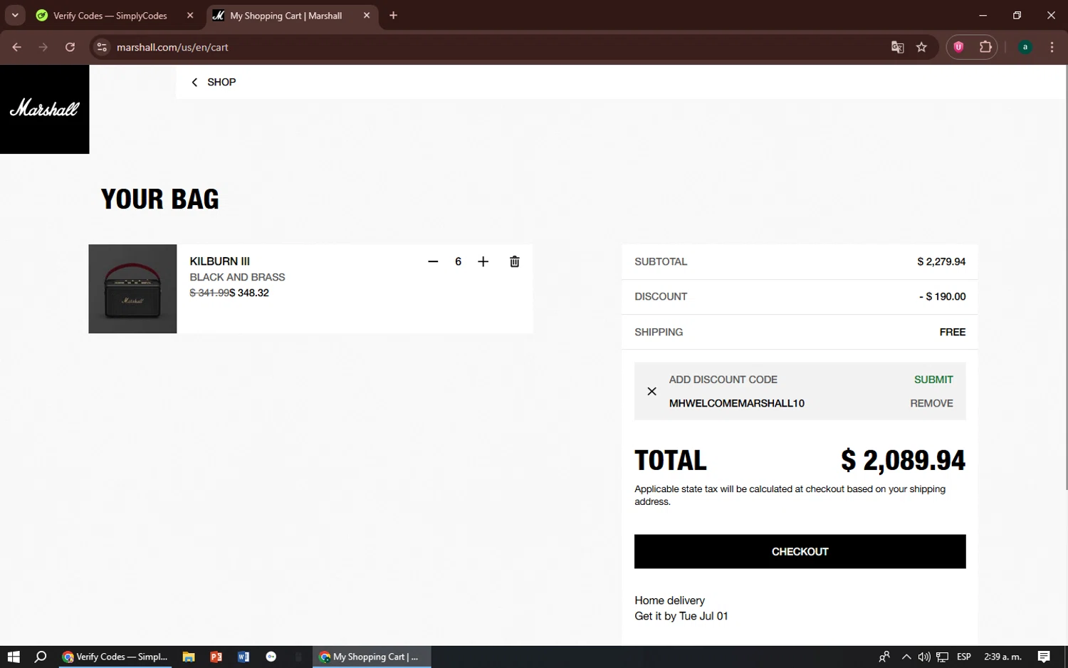 Marshall coupon code screenshot showing code MHWELCOMEMARSHALL10 applied at Marshall checkout page. Uploaded by SimplyCodes community member zizu55 on Jun 27, 2025