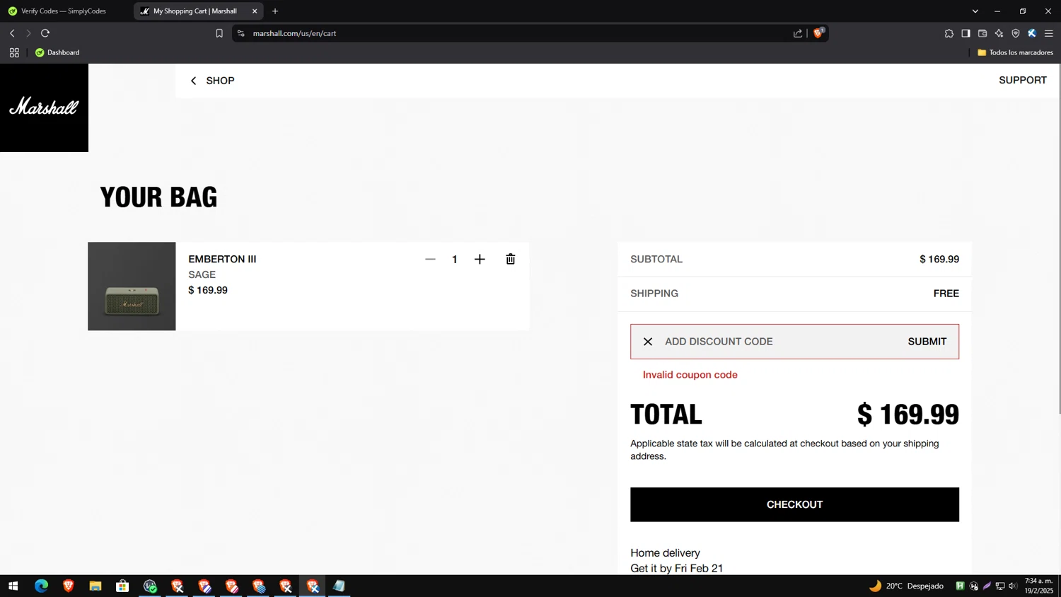 Marshall coupon code screenshot showing code 22WL22MLDR applied at Marshall checkout page. Uploaded by SimplyCodes community member PrimeExpert2544 on Feb 19, 2025