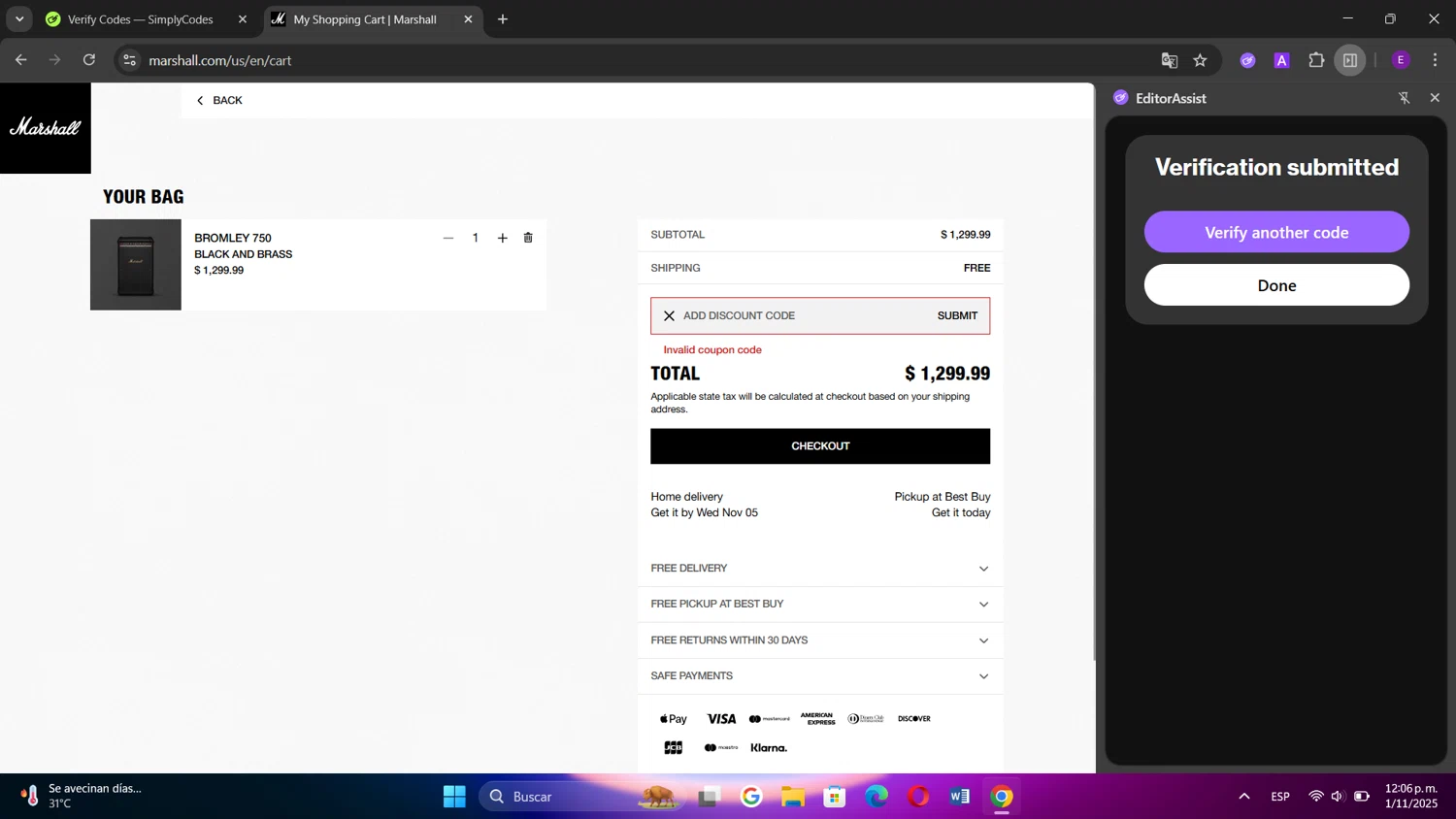 Marshall coupon code screenshot showing code HONEYMH20 applied at Marshall checkout page. Uploaded by SimplyCodes community member Elenita on Nov 1, 2025