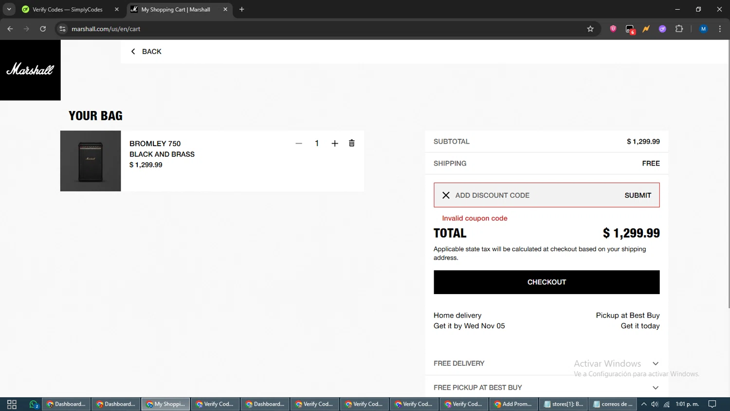 Marshall coupon code screenshot showing code HONEYMH20 applied at Marshall checkout page. Uploaded by SimplyCodes community member EpicVoyager2820 on Nov 1, 2025
