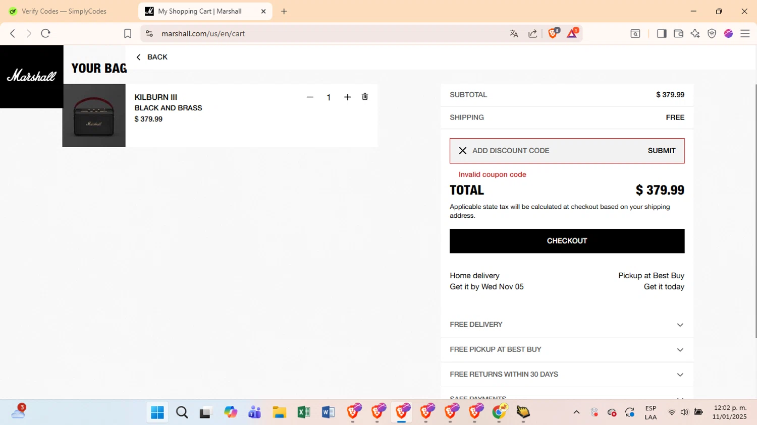 Marshall coupon code screenshot showing code HONEYMH20 applied at Marshall checkout page. Uploaded by SimplyCodes community member LuckyMonarch673 on Nov 1, 2025