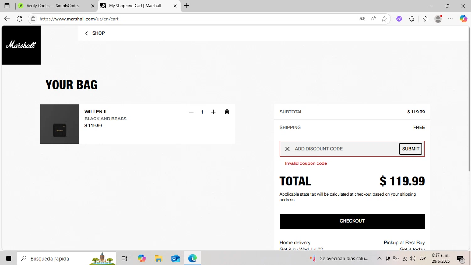 Marshall coupon code screenshot showing code PORTABLE25 applied at Marshall checkout page. Uploaded by SimplyCodes community member DiscountCurator2907 on Jun 28, 2025