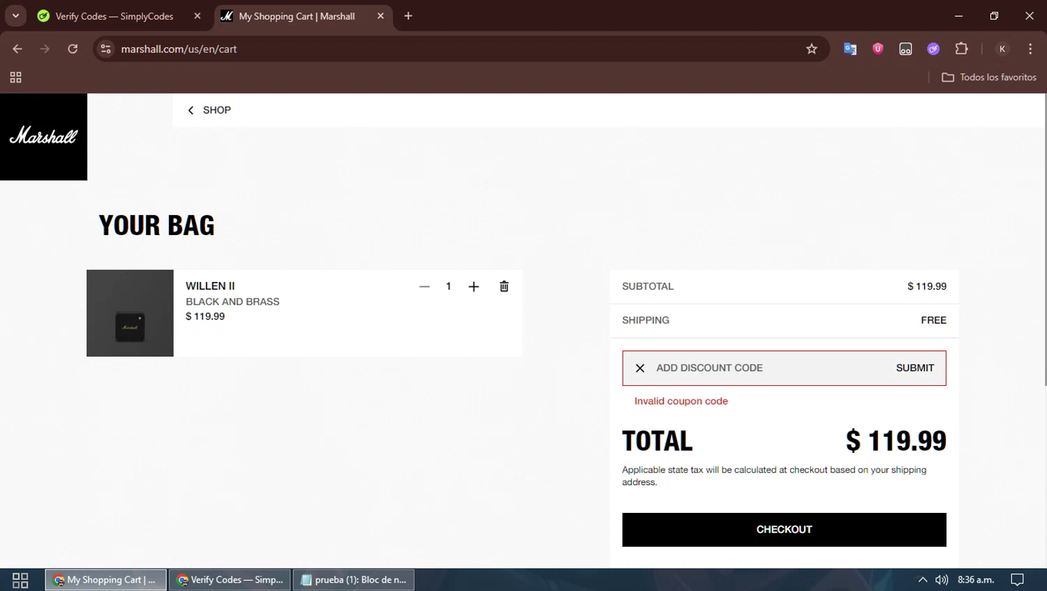 Marshall coupon code screenshot showing code PORTABLE25 applied at Marshall checkout page. Uploaded by SimplyCodes community member SavingsBoss991 on Jun 28, 2025