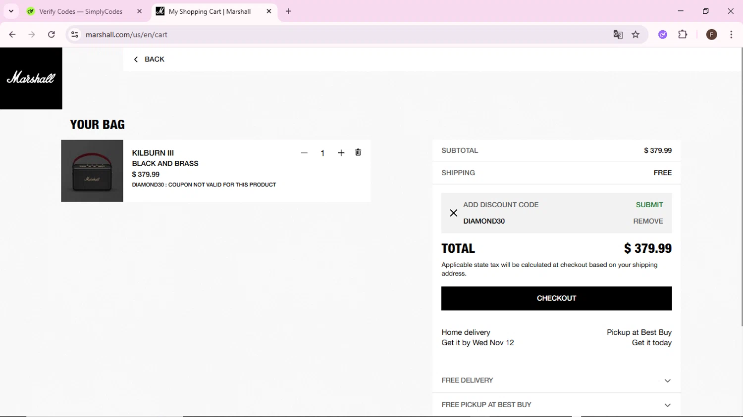 Marshall coupon code screenshot showing code DIAMOND30 applied at Marshall checkout page. Uploaded by SimplyCodes community member BargainShopper1802 on Nov 8, 2025