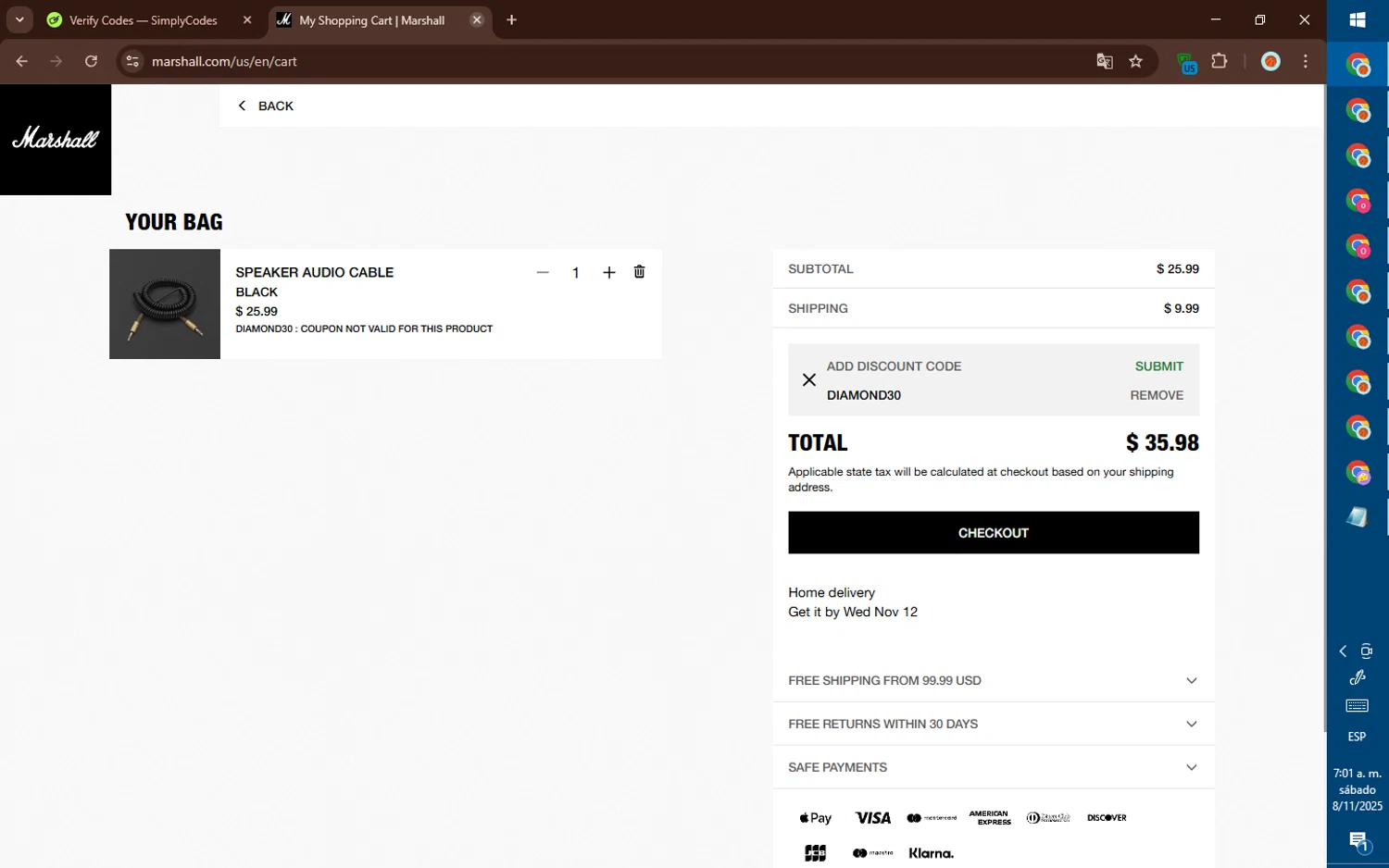 Marshall checkout page showing Marshall coupon code box | Screenshot taken by SimplyCodes community member on Nov 8, 2025