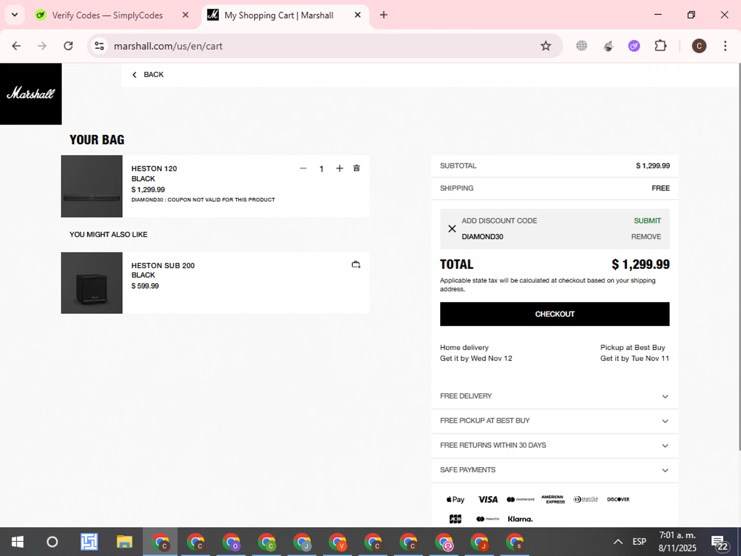 Marshall coupon code screenshot showing code DIAMOND30 applied at Marshall checkout page. Uploaded by SimplyCodes community member WonderCurator7831 on Nov 8, 2025