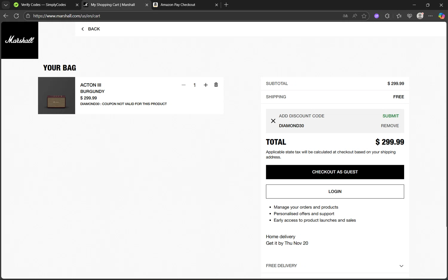 Marshall coupon code screenshot showing code DIAMOND30 applied at Marshall checkout page. Uploaded by SimplyCodes community member Yuyu12 on Nov 18, 2025