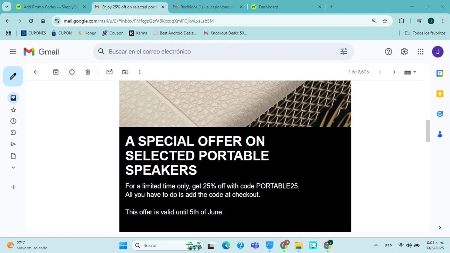 Marshall coupon code screenshot showing code PORTABLE25 applied at Marshall checkout page. Uploaded by SimplyCodes community member jorgejavierherrera on May 30, 2025
