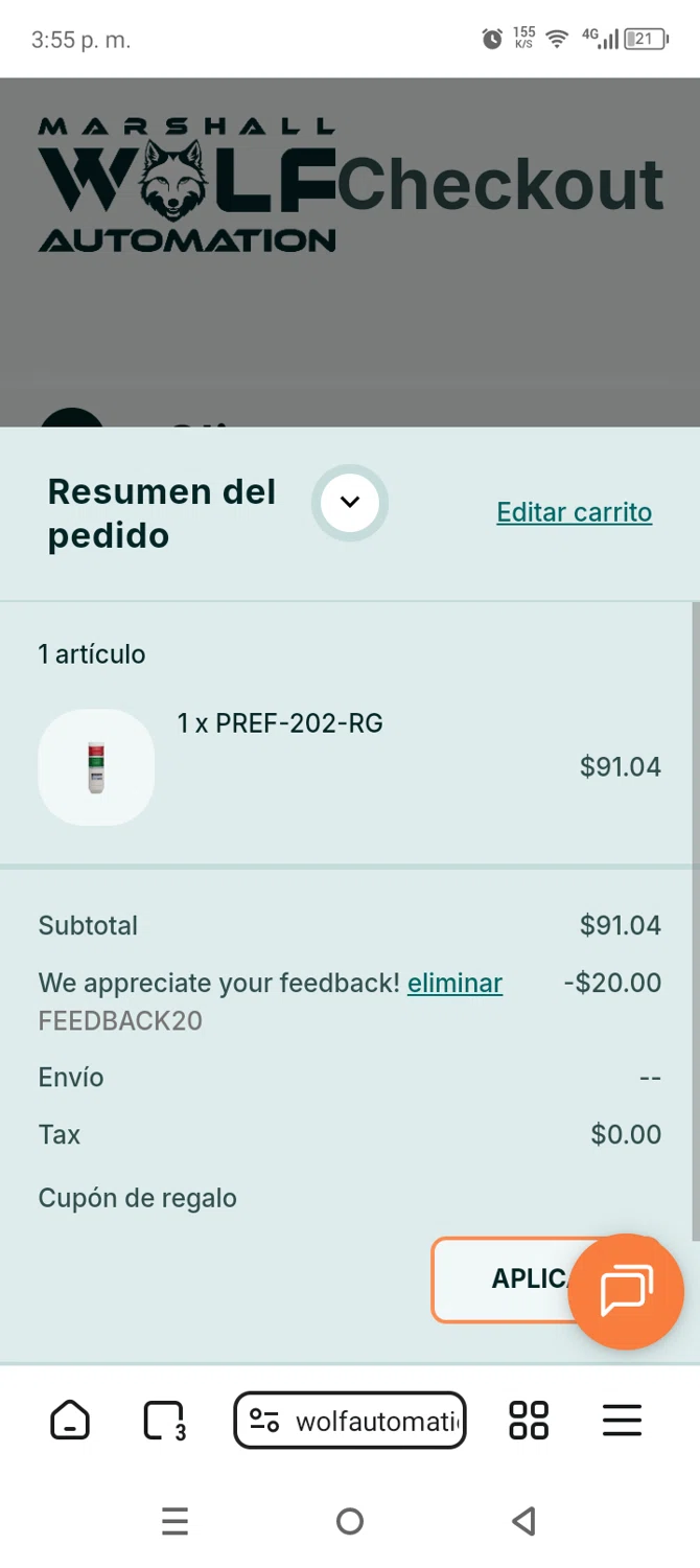 Marshall Wolf Automation promo code screenshot showing code FEEDBACK20 applied at Marshall Wolf Automation checkout page. Uploaded by SimplyCodes community member AnthonyGuapeton94 on Jan 22, 2026