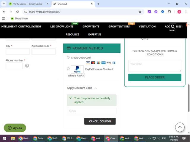 Mars Hydro checkout page showing Mars Hydro discount code box | Screenshot taken by SimplyCodes community member on Sep 7, 2025