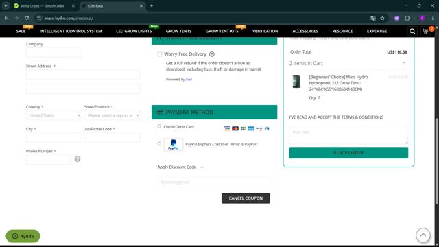 Mars Hydro checkout page showing Mars Hydro discount code box | Screenshot taken by SimplyCodes community member on Aug 2, 2025