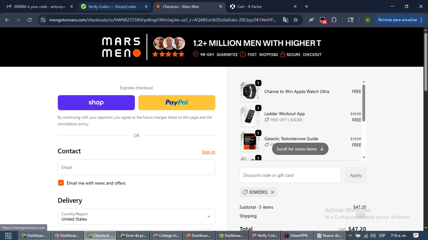 Mars Men discount code screenshot showing code 83WEEKS applied at Mars Men checkout page. Uploaded by SimplyCodes community member CashLynx5338 on Dec 18, 2025
