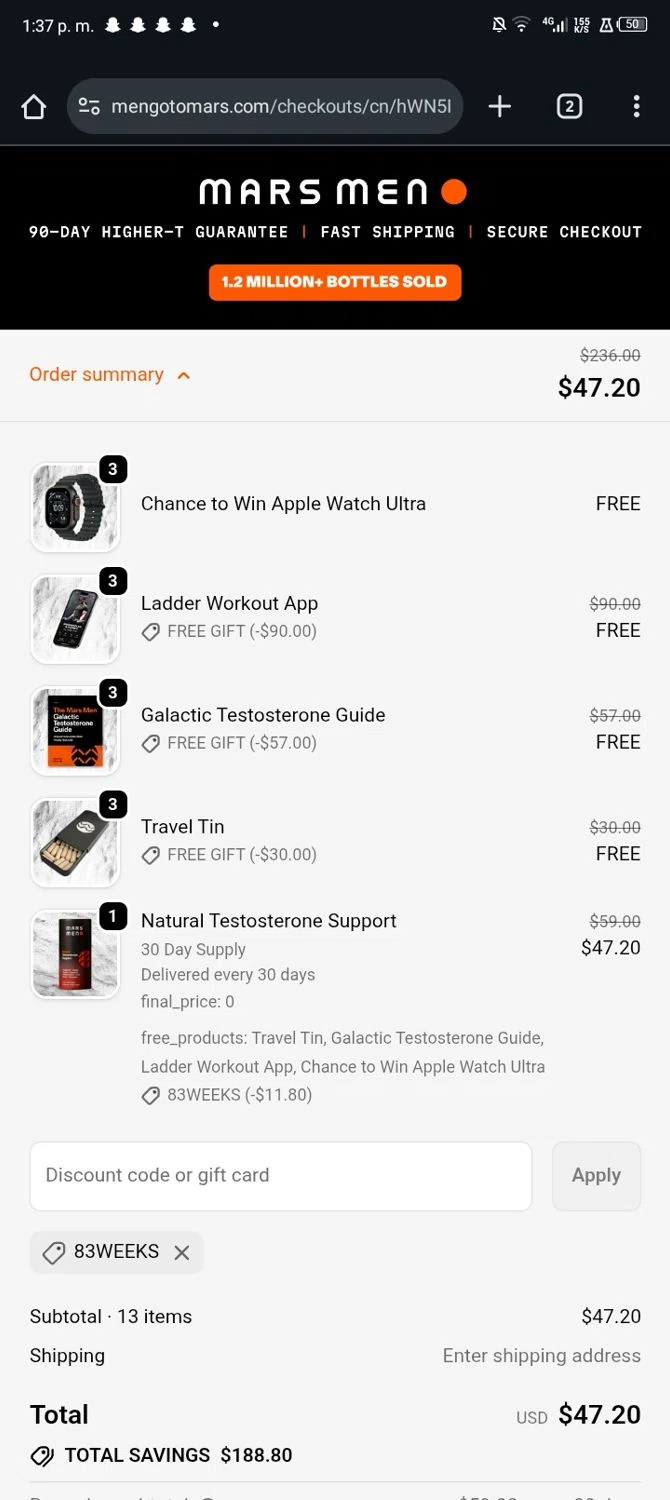 Mars Men discount code screenshot showing code 83WEEKS applied at Mars Men checkout page. Uploaded by SimplyCodes community member Sasuk3 on Nov 14, 2025