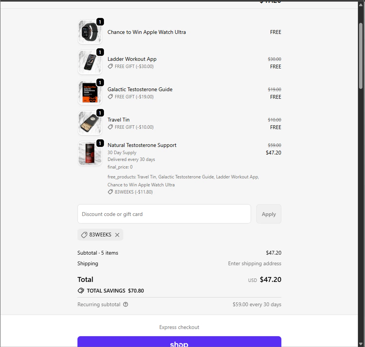 Mars Men discount code screenshot showing code 83WEEKS applied at Mars Men checkout page. Uploaded by SimplyCodes community member PillarsofCreation on Nov 14, 2025