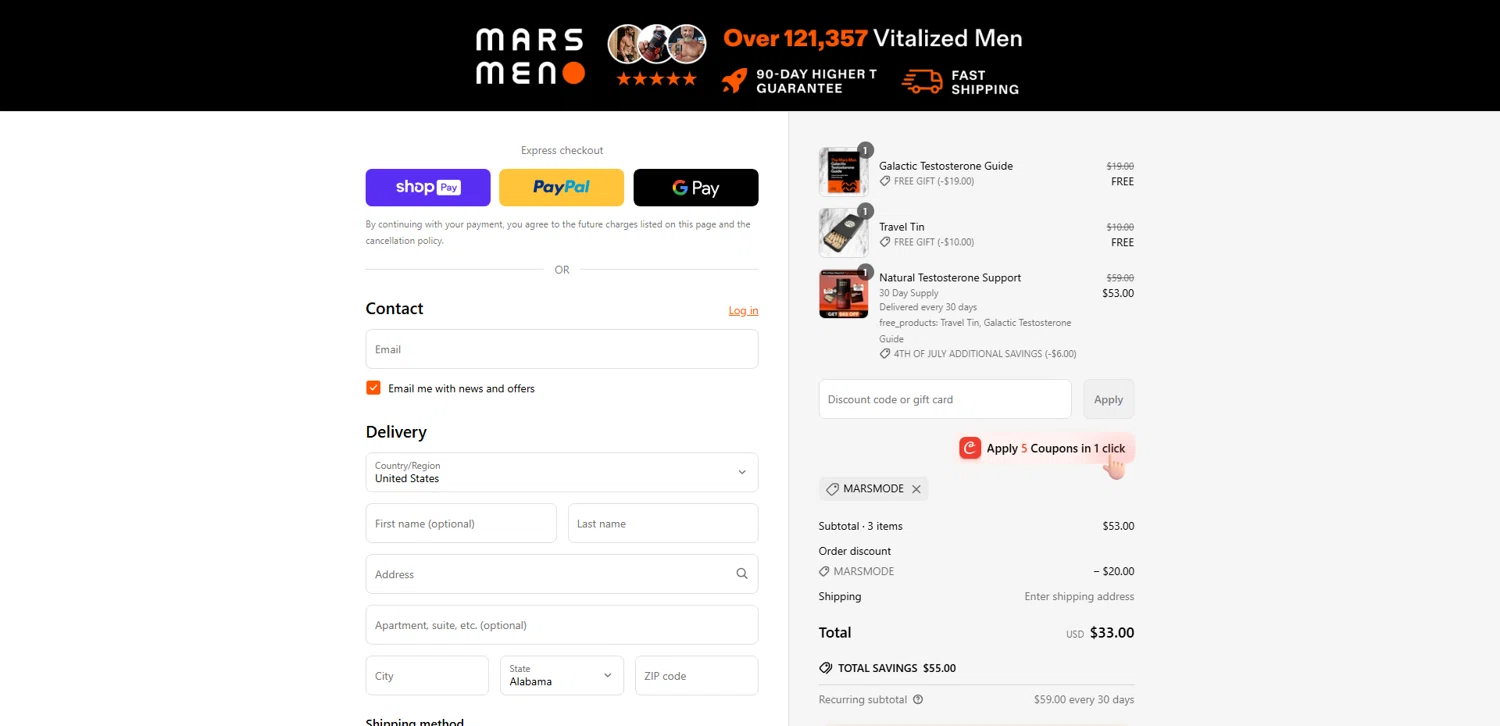 Mars Men discount code screenshot showing code MARSMODE applied at Mars Men checkout page. Uploaded by SimplyCodes community member pabloprieto on Jun 29, 2025