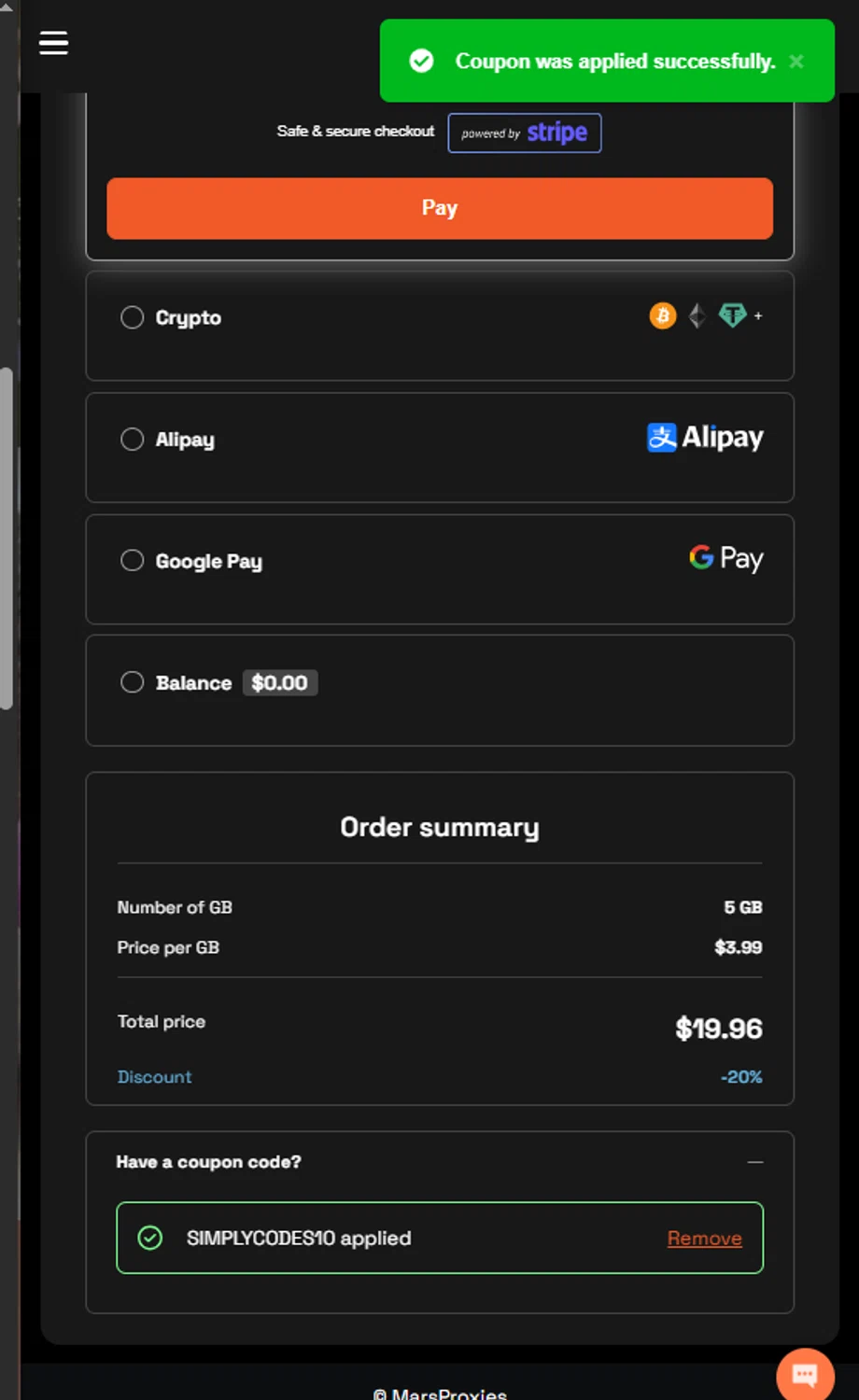 MarsProxies coupon code screenshot showing code SIMPLYCODES10 applied at MarsProxies checkout page. Uploaded by SimplyCodes community member OsbelSanchez23 on Apr 22, 2025