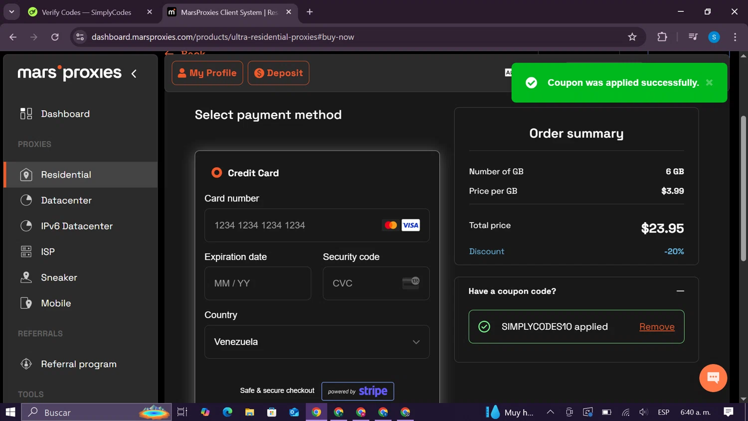 MarsProxies coupon code screenshot showing code SIMPLYCODES10 applied at MarsProxies checkout page. Uploaded by SimplyCodes community member CodeExpert981 on Apr 22, 2025