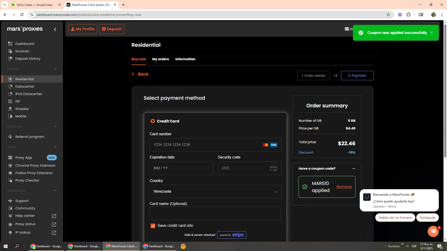 MarsProxies coupon code screenshot showing code MARS10 applied at MarsProxies checkout page. Uploaded by SimplyCodes community member Phoenix585 on Nov 3, 2025