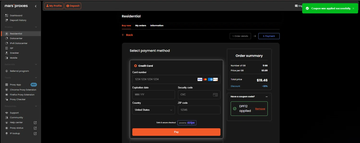MarsProxies coupon code screenshot showing code DPF12 applied at MarsProxies checkout page. Uploaded by SimplyCodes community member Toundjiale on Sep 25, 2025