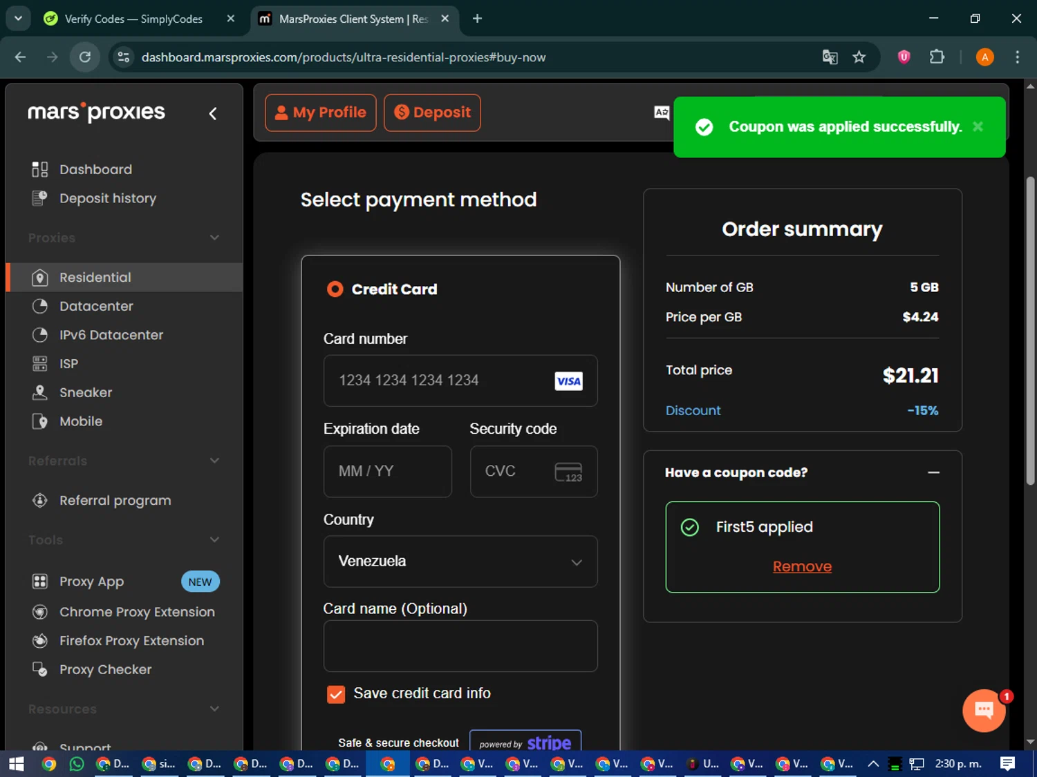 MarsProxies coupon code screenshot showing code First5 applied at MarsProxies checkout page. Uploaded by SimplyCodes community member MoneyPhoenix4664 on Oct 2, 2025
