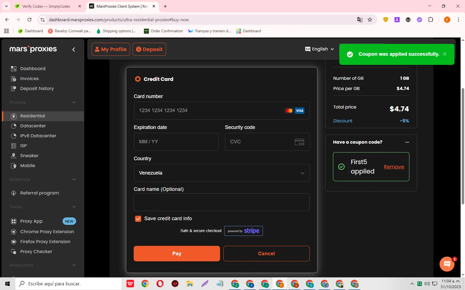 MarsProxies coupon code screenshot showing code First5 applied at MarsProxies checkout page. Uploaded by SimplyCodes community member RewardFalcon3197 on Oct 31, 2025