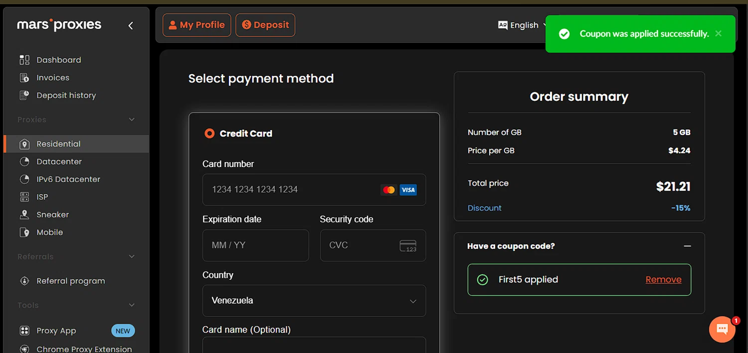 MarsProxies coupon code screenshot showing code First5 applied at MarsProxies checkout page. Uploaded by SimplyCodes community member larenacida on Nov 30, 2025