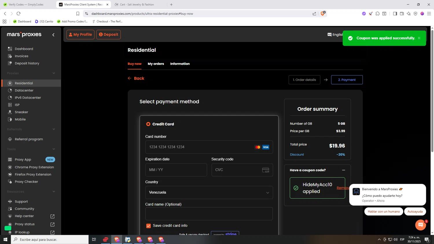 MarsProxies coupon code screenshot showing code HideMyAcc10 applied at MarsProxies checkout page. Uploaded by SimplyCodes community member Nezukooo on Nov 30, 2025