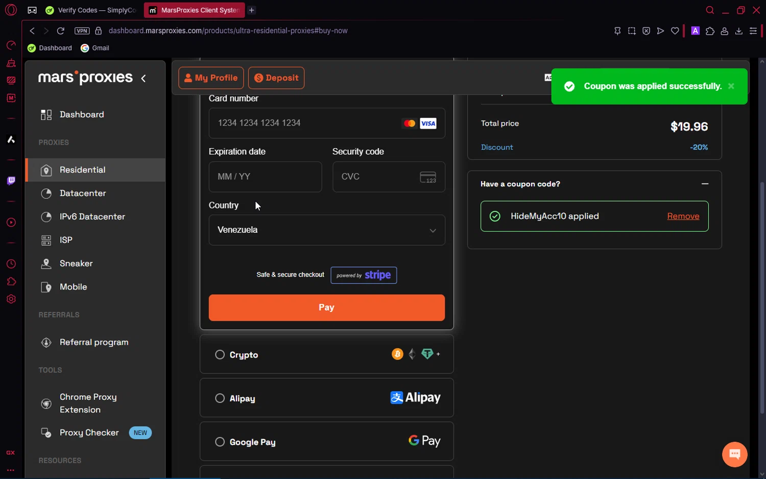 MarsProxies coupon code screenshot showing code HideMyAcc10 applied at MarsProxies checkout page. Uploaded by SimplyCodes community member ShrewdPioneer2612 on Jun 8, 2025