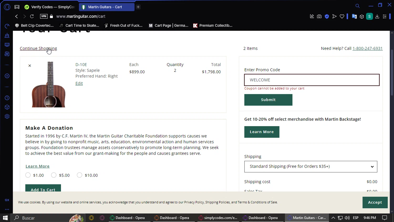 Martin Guitar promo code screenshot showing code WELCOME applied at Martin Guitar checkout page. Uploaded by SimplyCodes community member PennyFox1280 on Mar 1, 2025