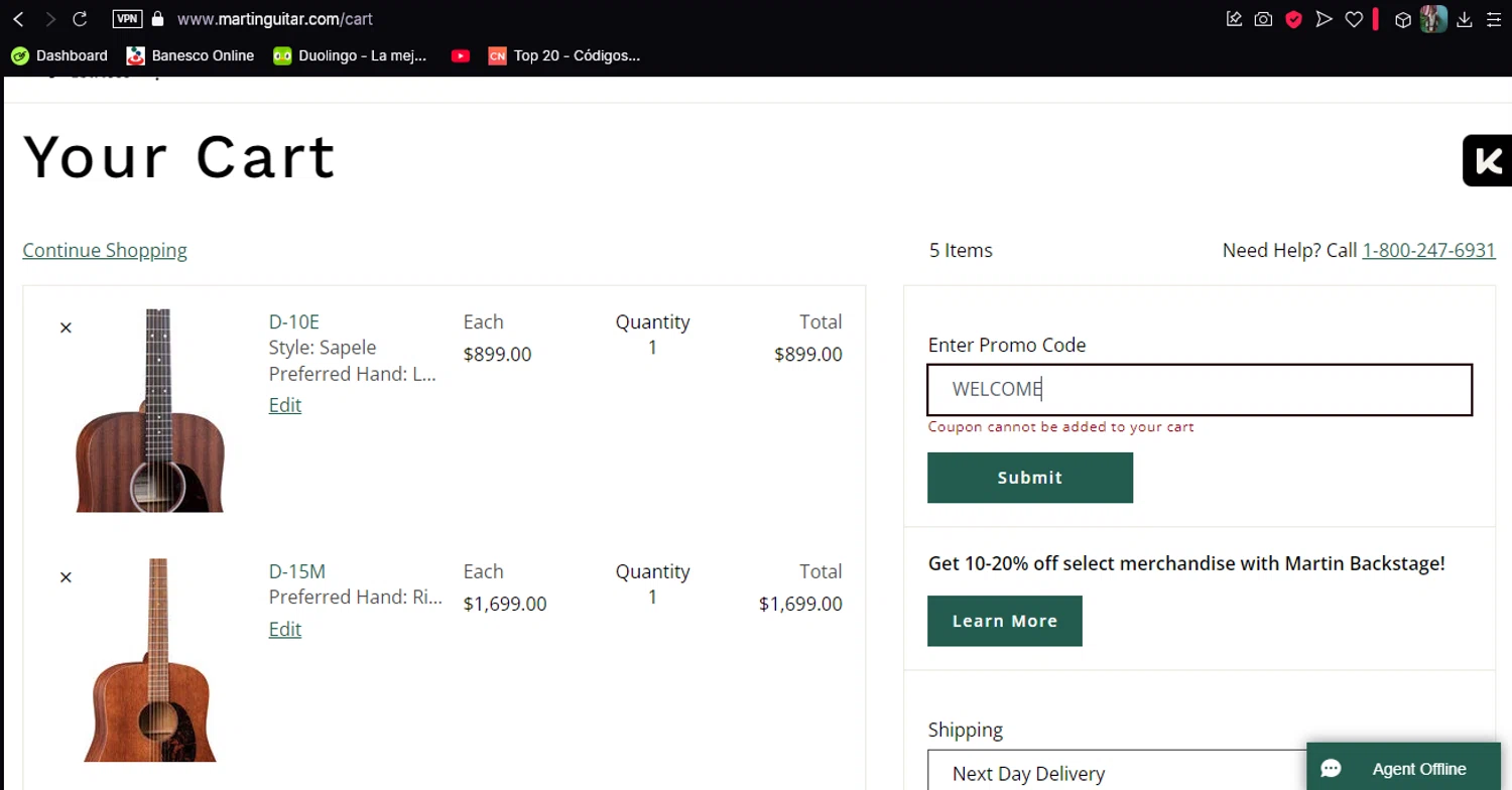Martin Guitar promo code screenshot showing code WELCOME applied at Martin Guitar checkout page. Uploaded by SimplyCodes community member noworries on Mar 1, 2025