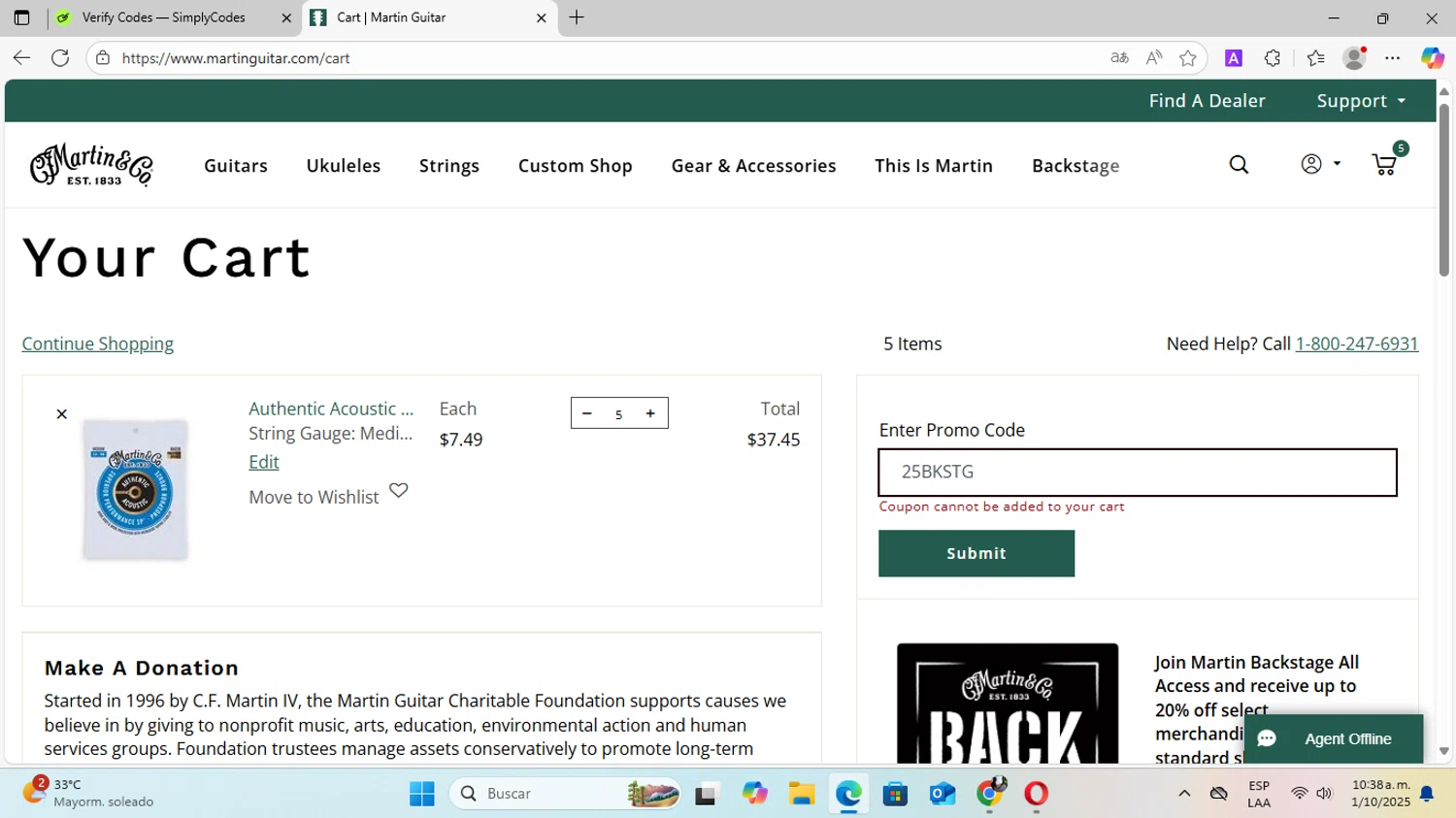 Martin Guitar promo code screenshot showing code 25BKSTG applied at Martin Guitar checkout page. Uploaded by SimplyCodes community member SilverVirtuoso7221 on Oct 1, 2025