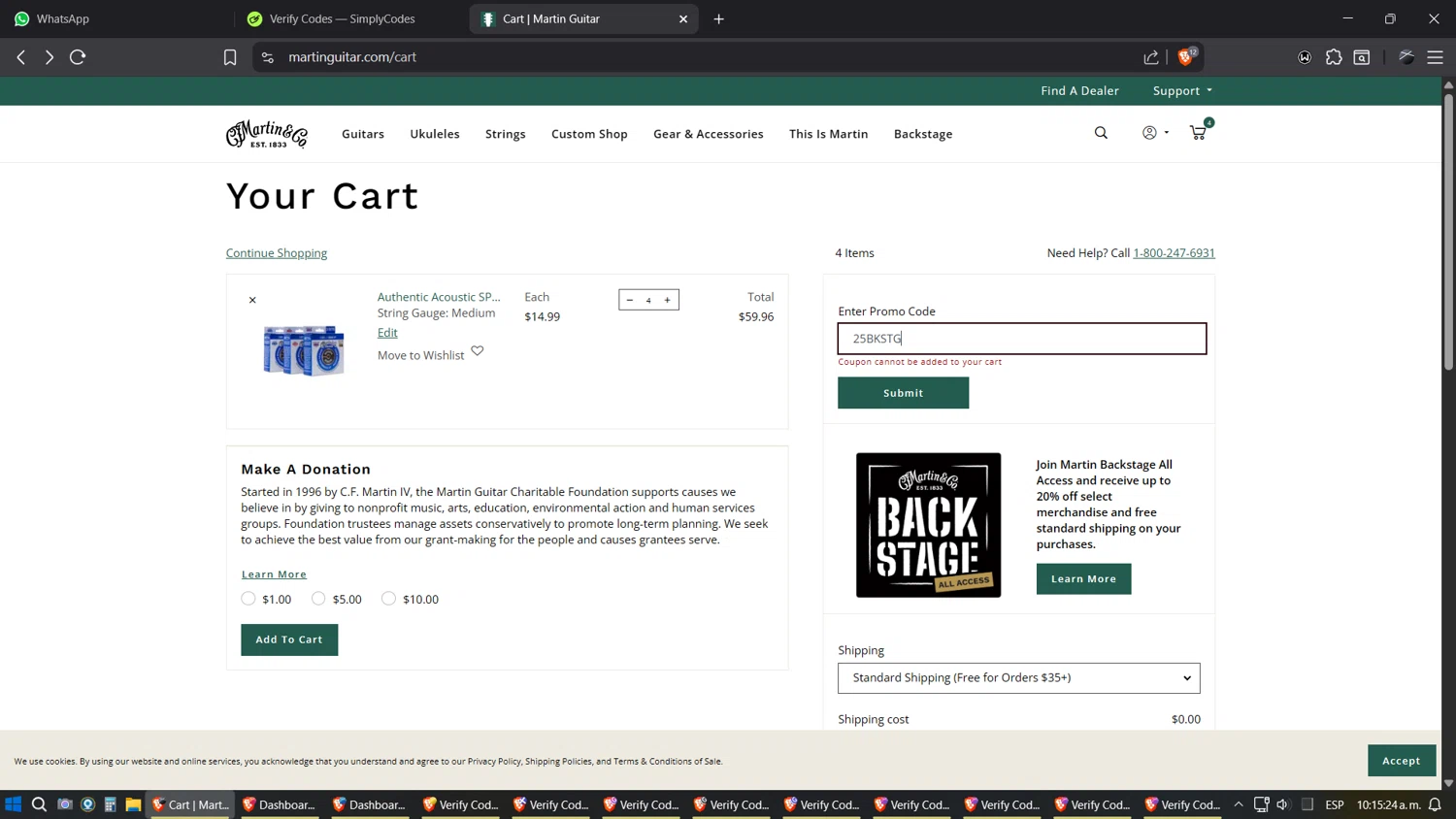Martin Guitar promo code screenshot showing code 25BKSTG applied at Martin Guitar checkout page. Uploaded by SimplyCodes community member SimplyGOAT on Oct 1, 2025