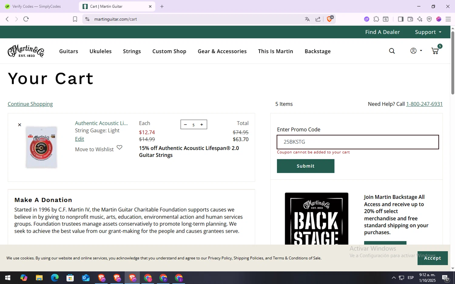 Martin Guitar promo code screenshot showing code 25BKSTG applied at Martin Guitar checkout page. Uploaded by SimplyCodes community member VoucherSpotter6910 on Oct 1, 2025