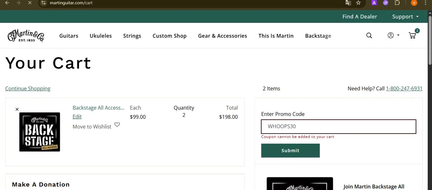 Martin Guitar promo code screenshot showing code WHOOPS30 applied at Martin Guitar checkout page. Uploaded by SimplyCodes community member PennyAdmiral6960 on Jul 30, 2025