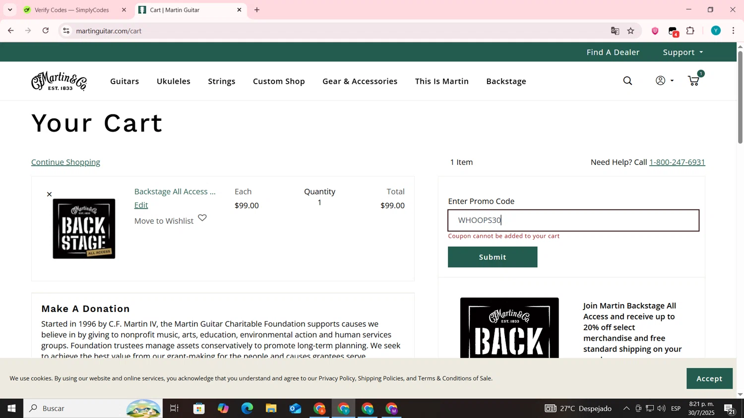 Martin Guitar promo code screenshot showing code WHOOPS30 applied at Martin Guitar checkout page. Uploaded by SimplyCodes community member codygakpo on Jul 31, 2025