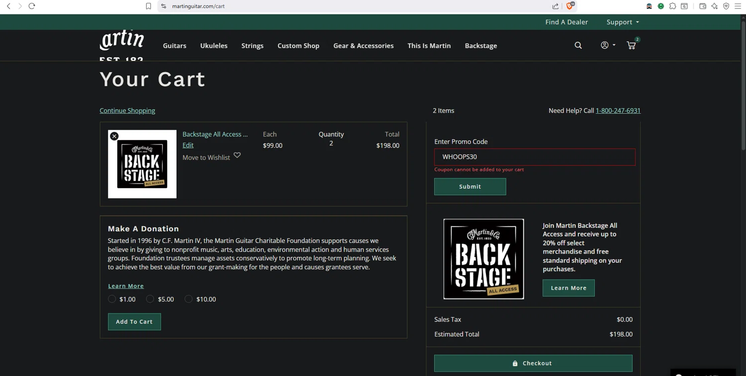 Martin Guitar promo code screenshot showing code WHOOPS30 applied at Martin Guitar checkout page. Uploaded by SimplyCodes community member dayselis15 on Jul 30, 2025