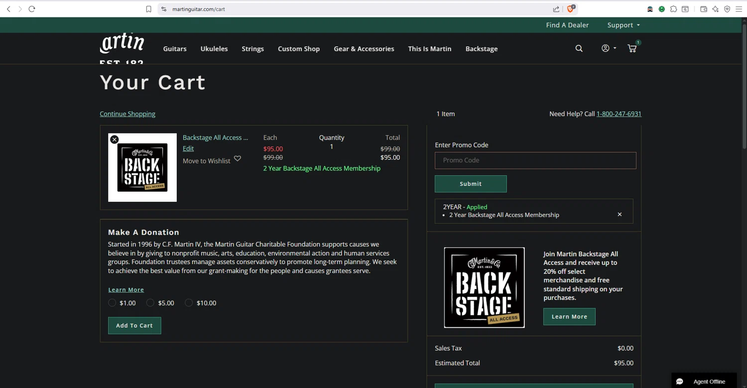 Martin Guitar promo code screenshot showing code 2YEAR applied at Martin Guitar checkout page. Uploaded by SimplyCodes community member dayselis15 on Jul 29, 2025