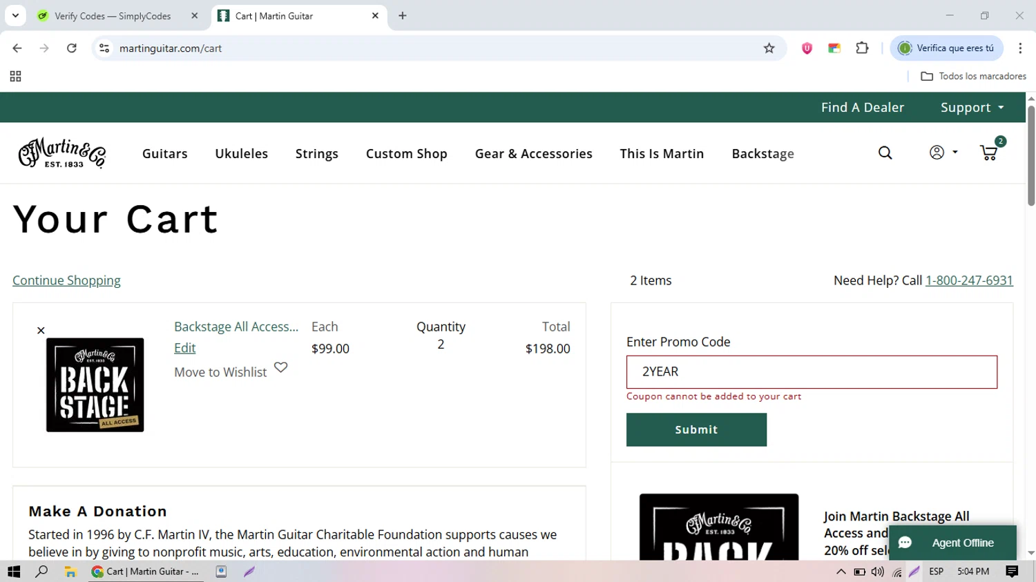 Martin Guitar promo code screenshot showing code 2YEAR applied at Martin Guitar checkout page. Uploaded by SimplyCodes community member nicolasquevedo on Sep 5, 2025