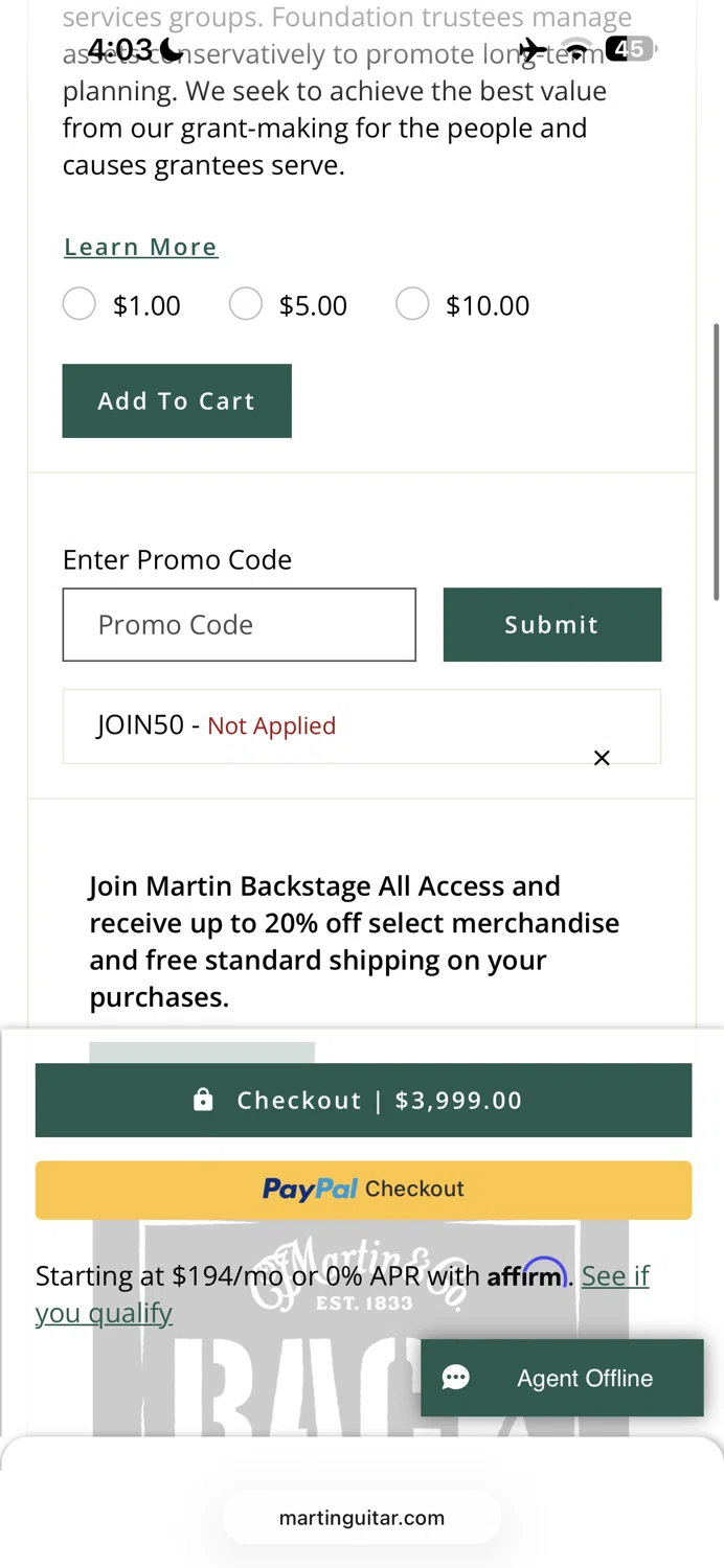 Martin Guitar checkout page showing Martin Guitar promo code box | Screenshot taken by SimplyCodes community member on Sep 24, 2025