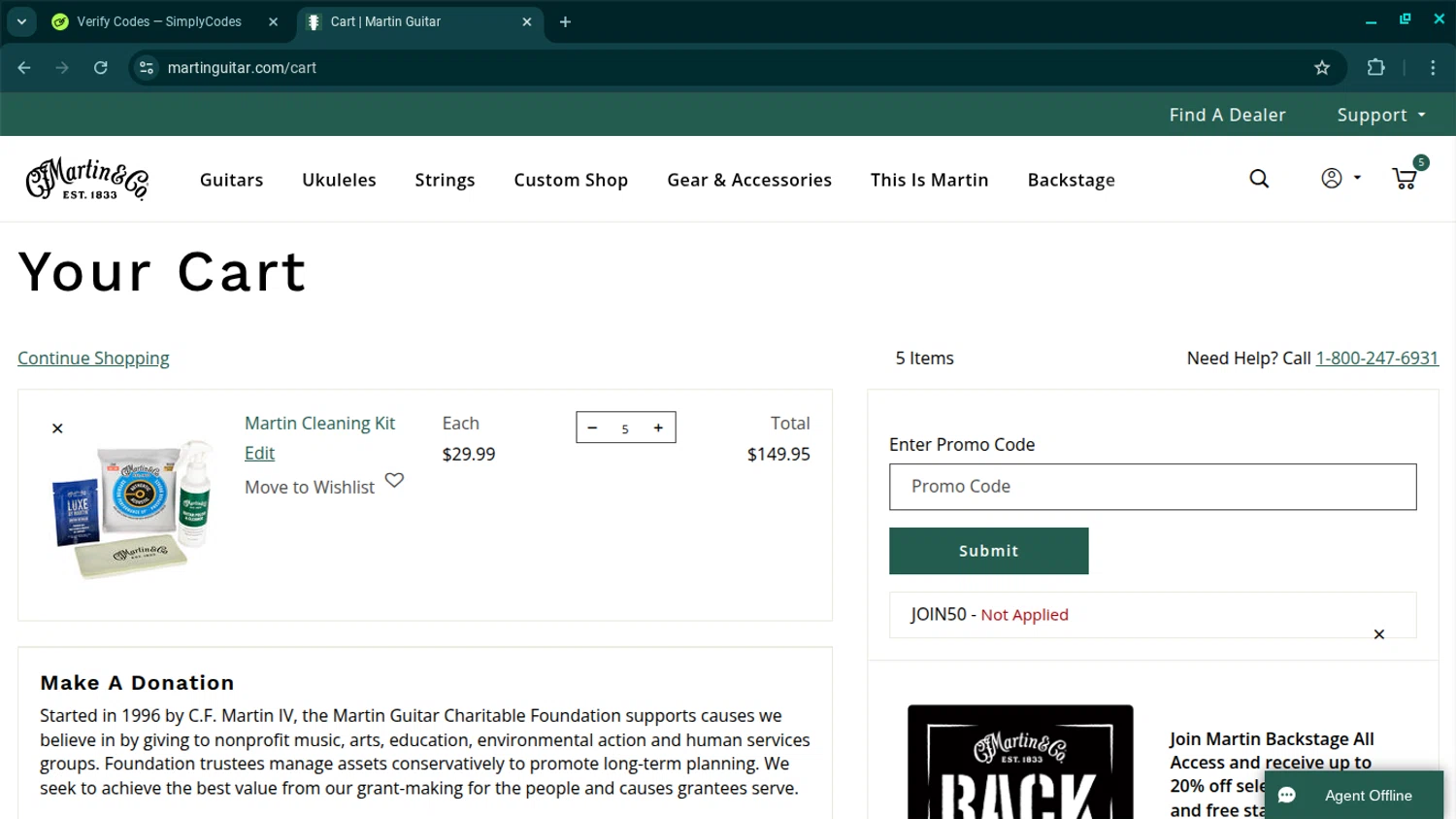 Martin Guitar promo code screenshot showing code JOIN50 applied at Martin Guitar checkout page. Uploaded by SimplyCodes community member SwiftSage2309 on Nov 23, 2025