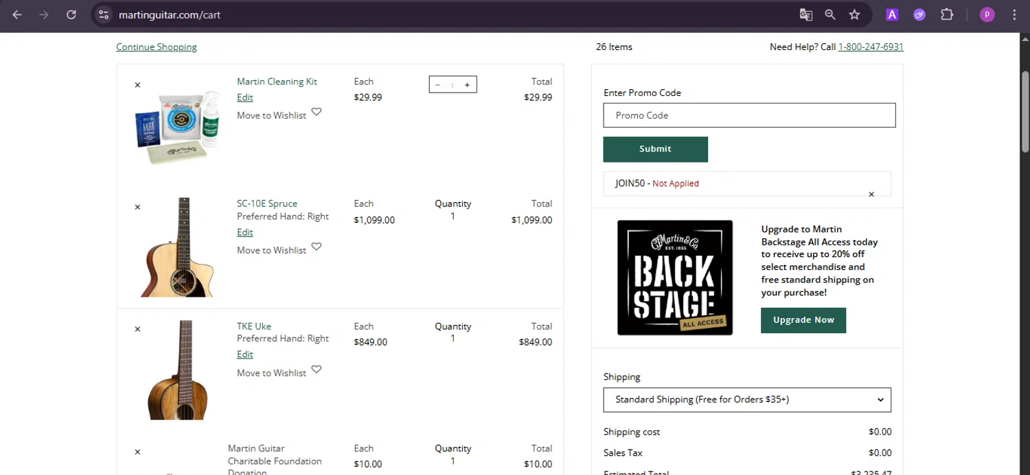 Martin Guitar promo code screenshot showing code JOIN50 applied at Martin Guitar checkout page. Uploaded by SimplyCodes community member firoas on Dec 30, 2025
