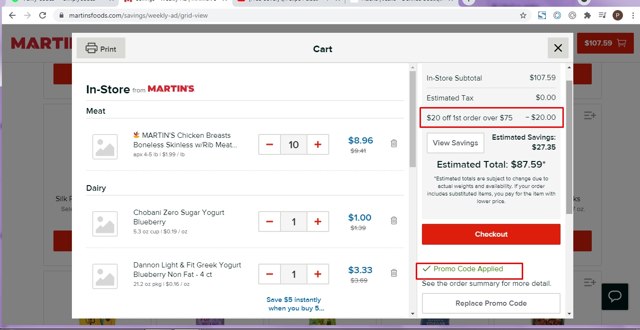 Martin's Foods checkout page showing Martin's Foods promo code box | Screenshot taken by SimplyCodes community member on Sep 22, 2021