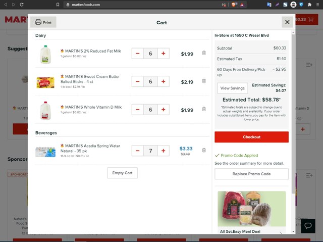 Martin's Foods checkout page showing Martin's Foods promo code box | Screenshot taken by SimplyCodes community member on Mar 15, 2021