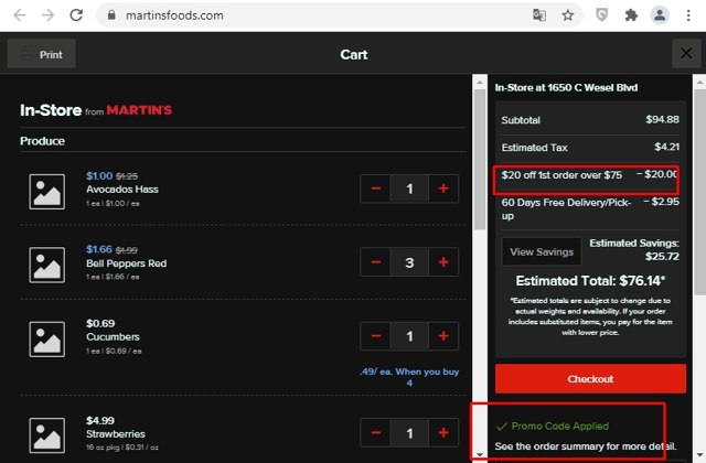 Martin's Foods checkout page showing Martin's Foods promo code box | Screenshot taken by SimplyCodes community member on Aug 1, 2021