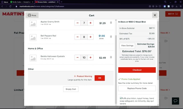 Martin's Foods checkout page showing Martin's Foods promo code box | Screenshot taken by SimplyCodes community member on Sep 26, 2021