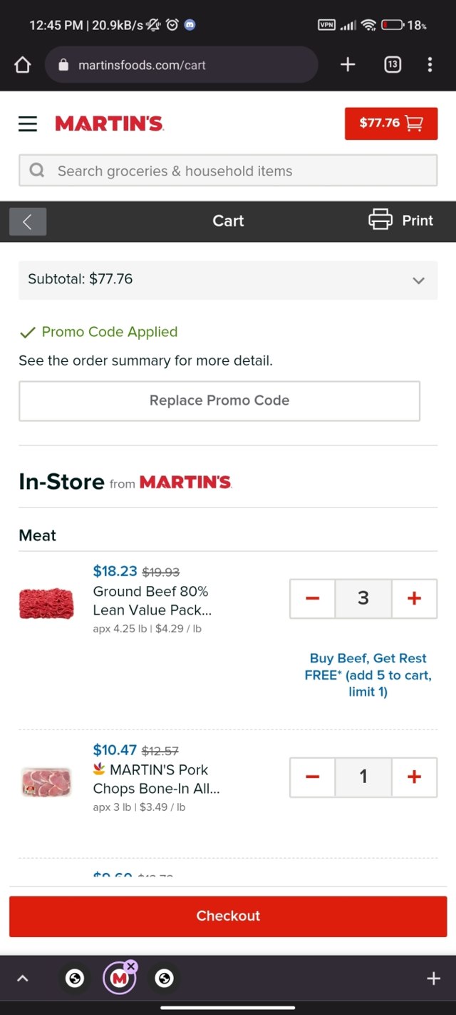 Martin's Foods checkout page showing Martin's Foods promo code box | Screenshot taken by SimplyCodes community member on Sep 24, 2022