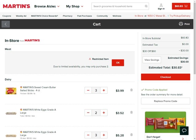 Martin's Foods checkout page showing Martin's Foods promo code box | Screenshot taken by SimplyCodes community member on Nov 13, 2022