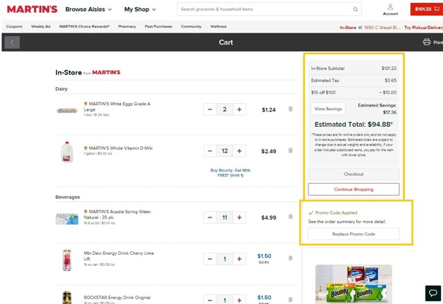 Martin's Foods checkout page showing Martin's Foods promo code box | Screenshot taken by SimplyCodes community member on Jun 1, 2023